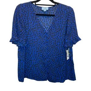 CeCe Leopard Cluster V-Neck Blouse Ruffle Trim Vivid Blue Large New